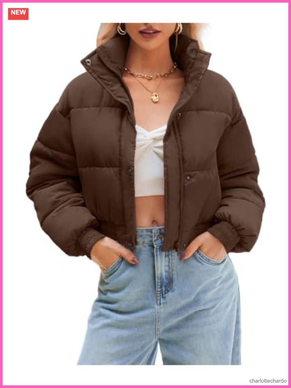 Women's Cropped Quilted Puffer Jacket Warm Lightweight Zip Snap